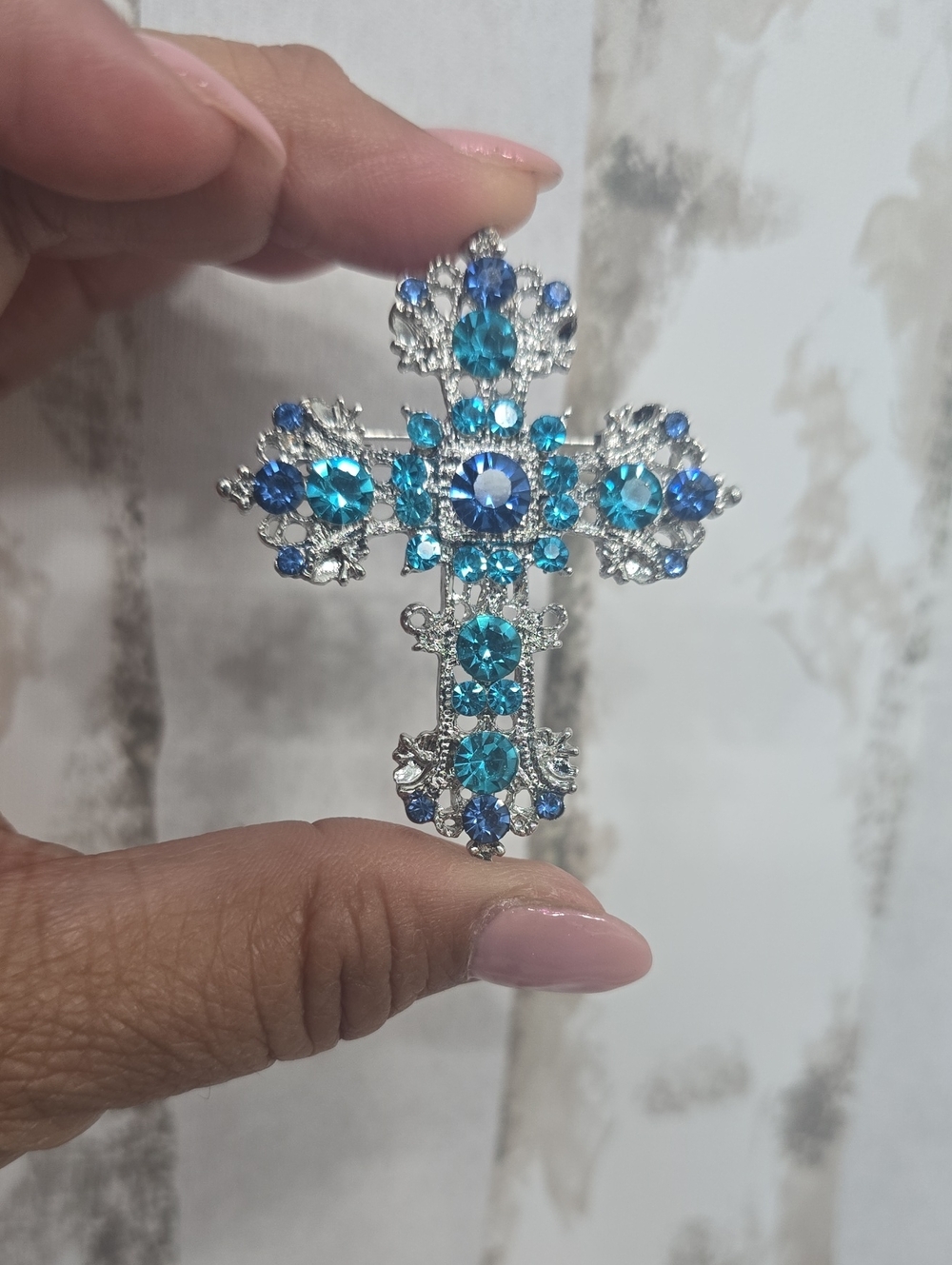 Crystal Cross Pendant or Brooch in Blue - Women's Jewelry